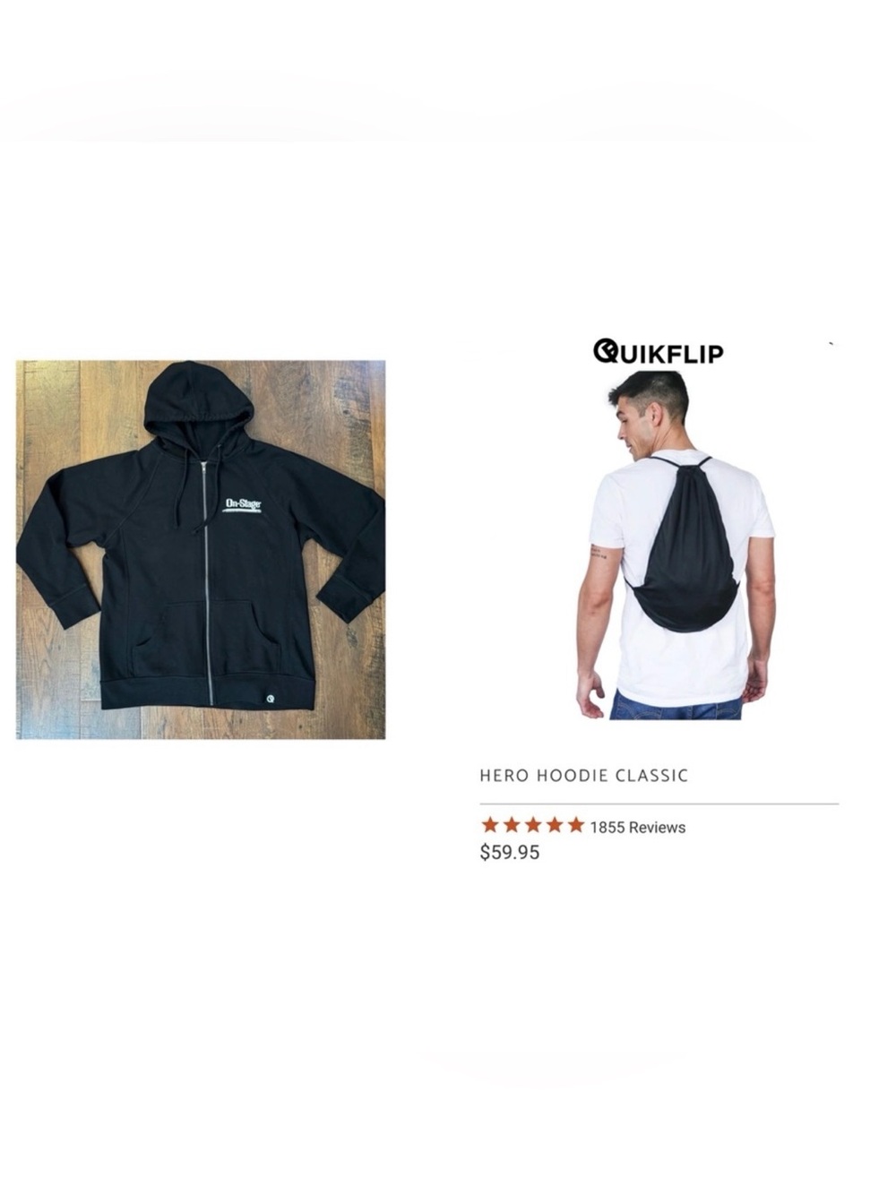 QUICKFLIP black zipper hoodie, convertible backpack, size XL